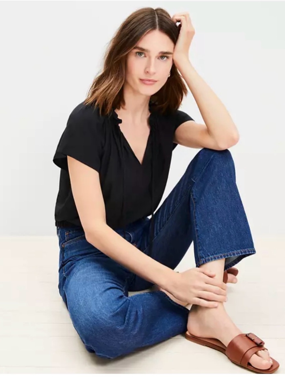 LOFT Black Ruffled Tie-Neck Short Sleeve Blouse